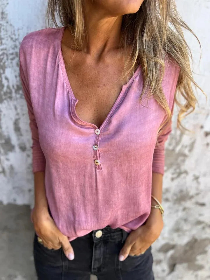 Women’s Trendy Solid Color V Neck Long Sleeve Top