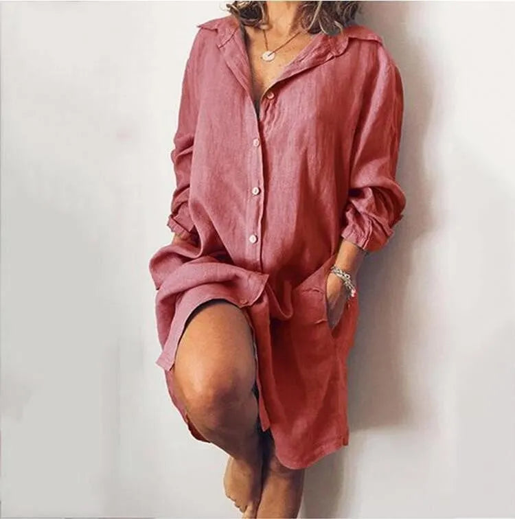 Cotton-linen mid-length long-sleeve solid color cardigan