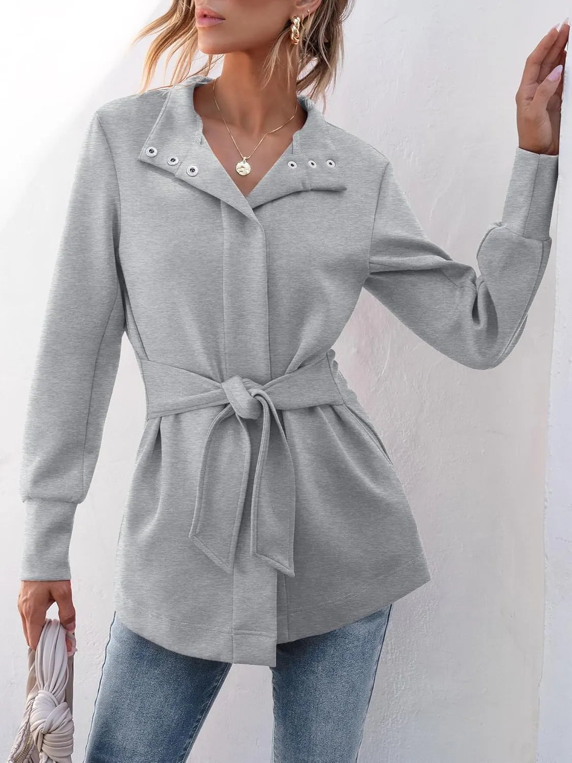 ✨WOMENS JACKET BELTED CASUAL WRAP TRENCH COAT BUTTON UP DRESSY OUTERWEAR WITH POCKETS
