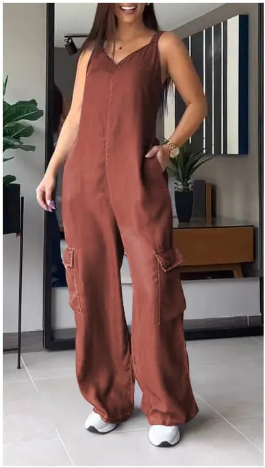 Thin Denim Cargo Pocket V-neck Jumpsuit (Buy 2 Free Shipping)