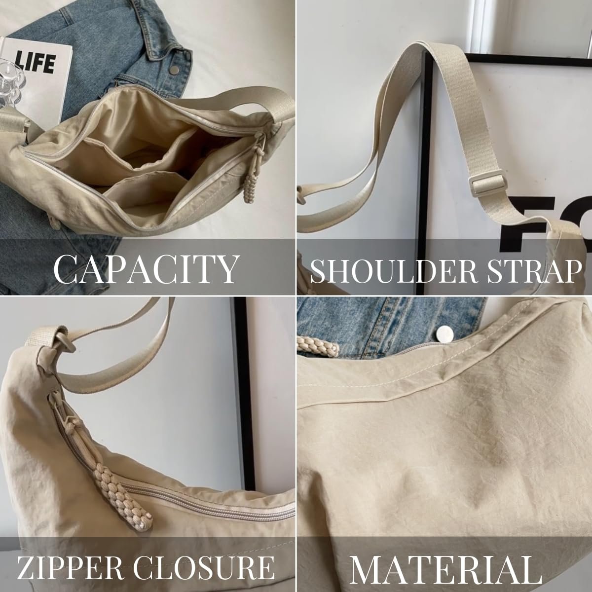 Women's Fashion Plain Color Nylon Crossbody Hobo Bag