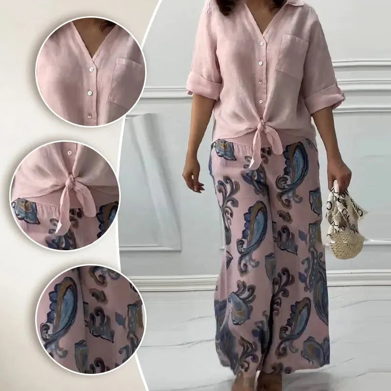 Women's Loose Shirt Cardigan & High-Waisted Pants Two-Piece Set