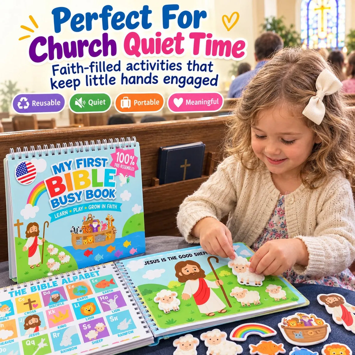 ✝️ Bible Busy Book for Toddlers | Montessori Christian Quiet Book with 152 Velcro Pieces & 15 Faith Activities