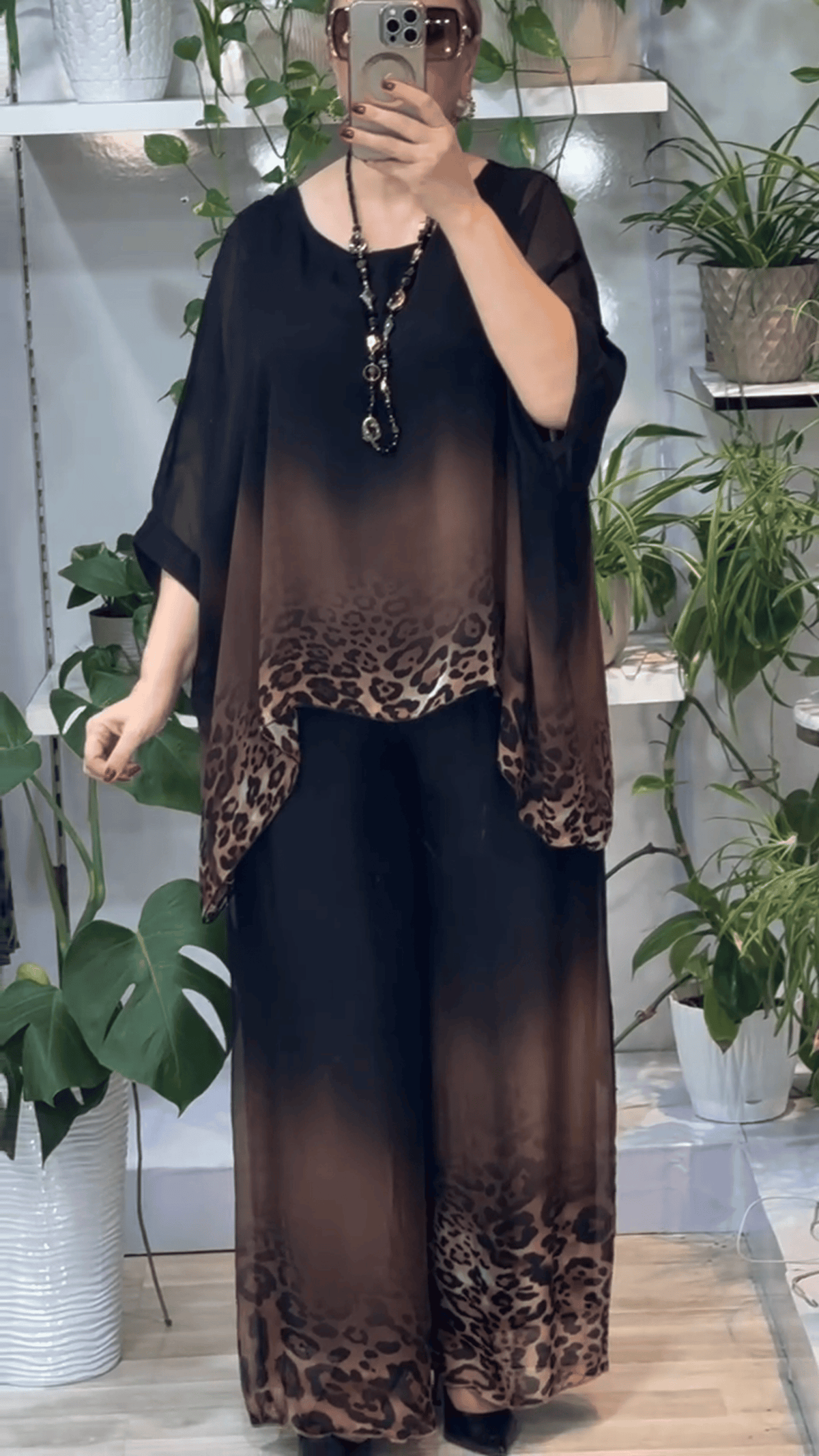 Women's Gradient Leopard Print Crew Neck Top And Wide Leg Pants Set