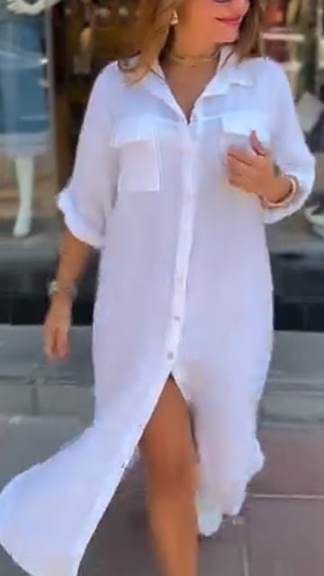 Solid Color Button Down Slit Loose Casual Shirt Dress