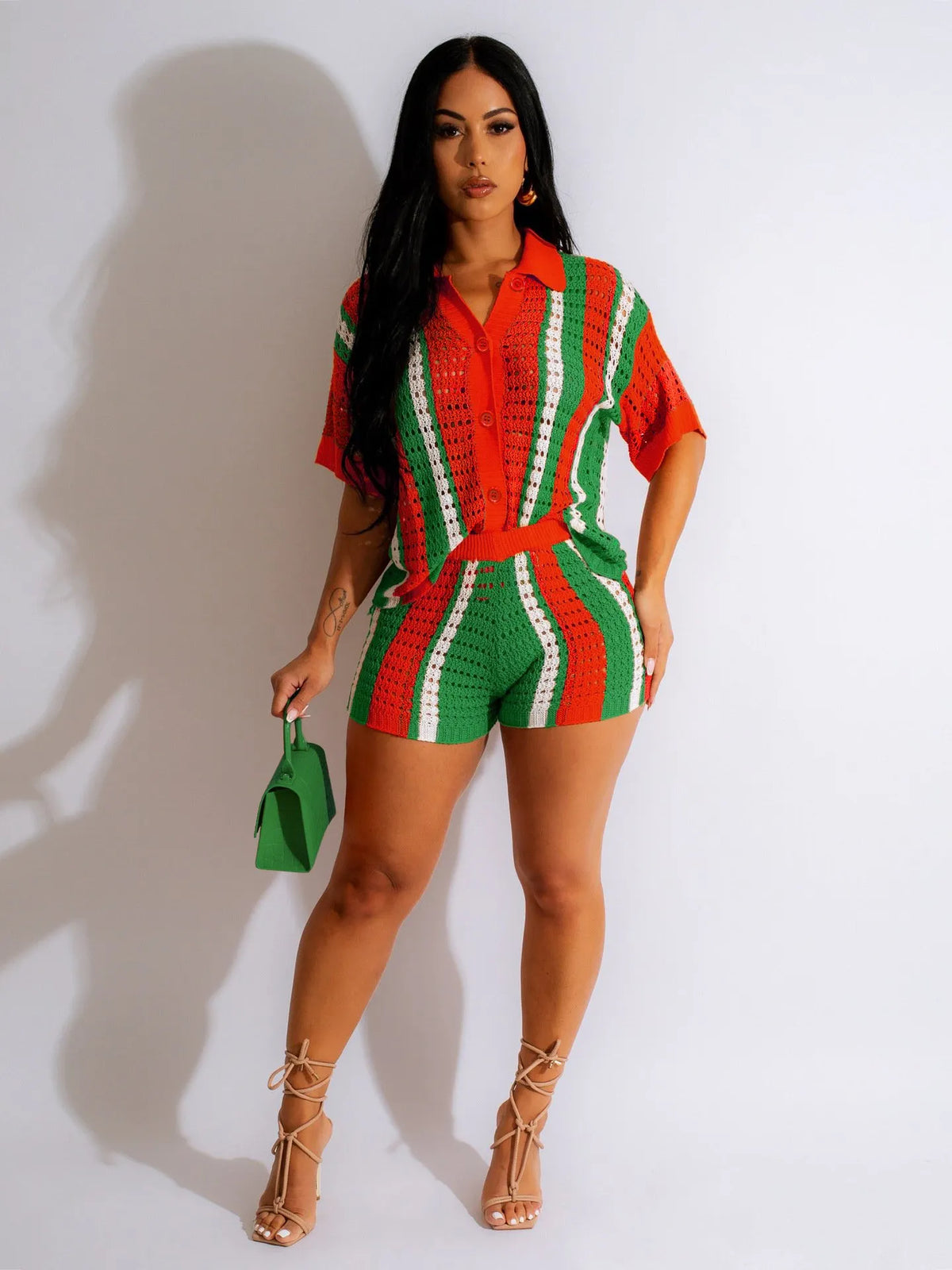 (BUY 2 SETS FREE SHIPPING)Women's 2-Piece Sheer Mesh Button-Up Top and High-Waisted Shorts Set