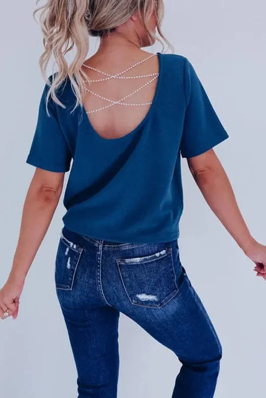 Pearl Beaded Backless Two-Way Short-Sleeved Top (Buy 2 Free Shipping)