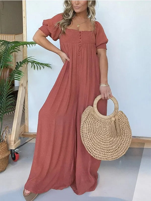 New Square Neckline Jumpsuit with Smocked Bodice Button (Buy 2 Free Shipping)