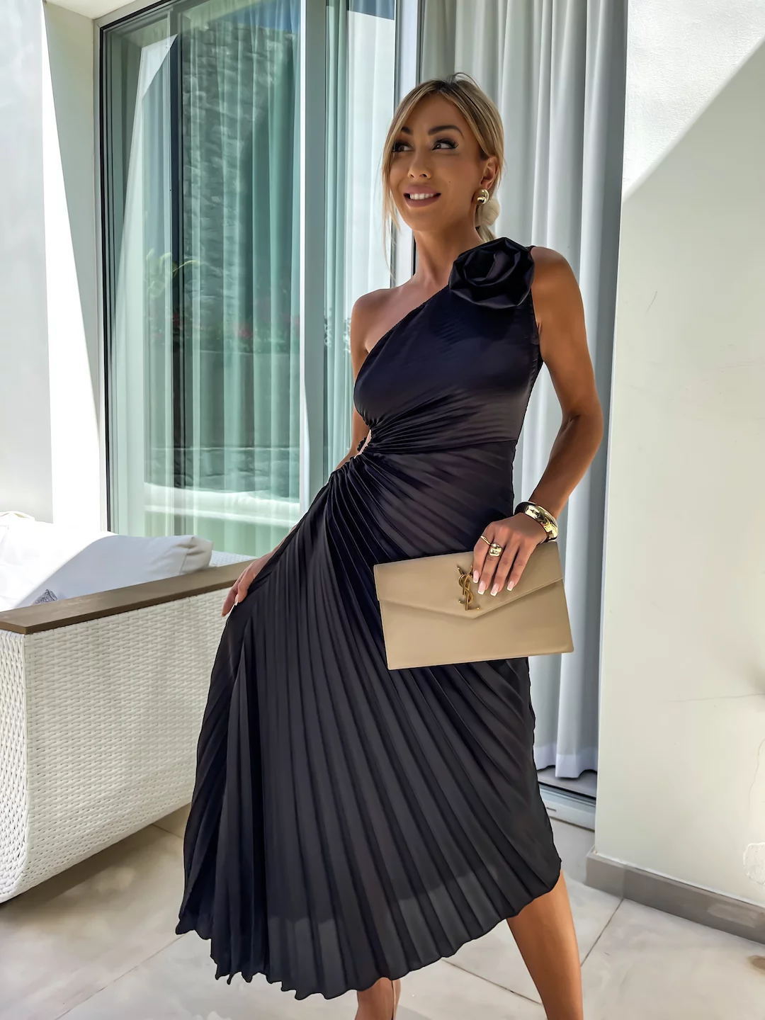 Romantic Nights Satin Raised Flower Elastic Cutout One Shoulder Pleated Maxi Dress