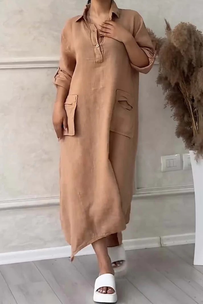 Women's Cotton Linen Casual Lapel Pockets Long Dress (Buy 2 Free Shipping)