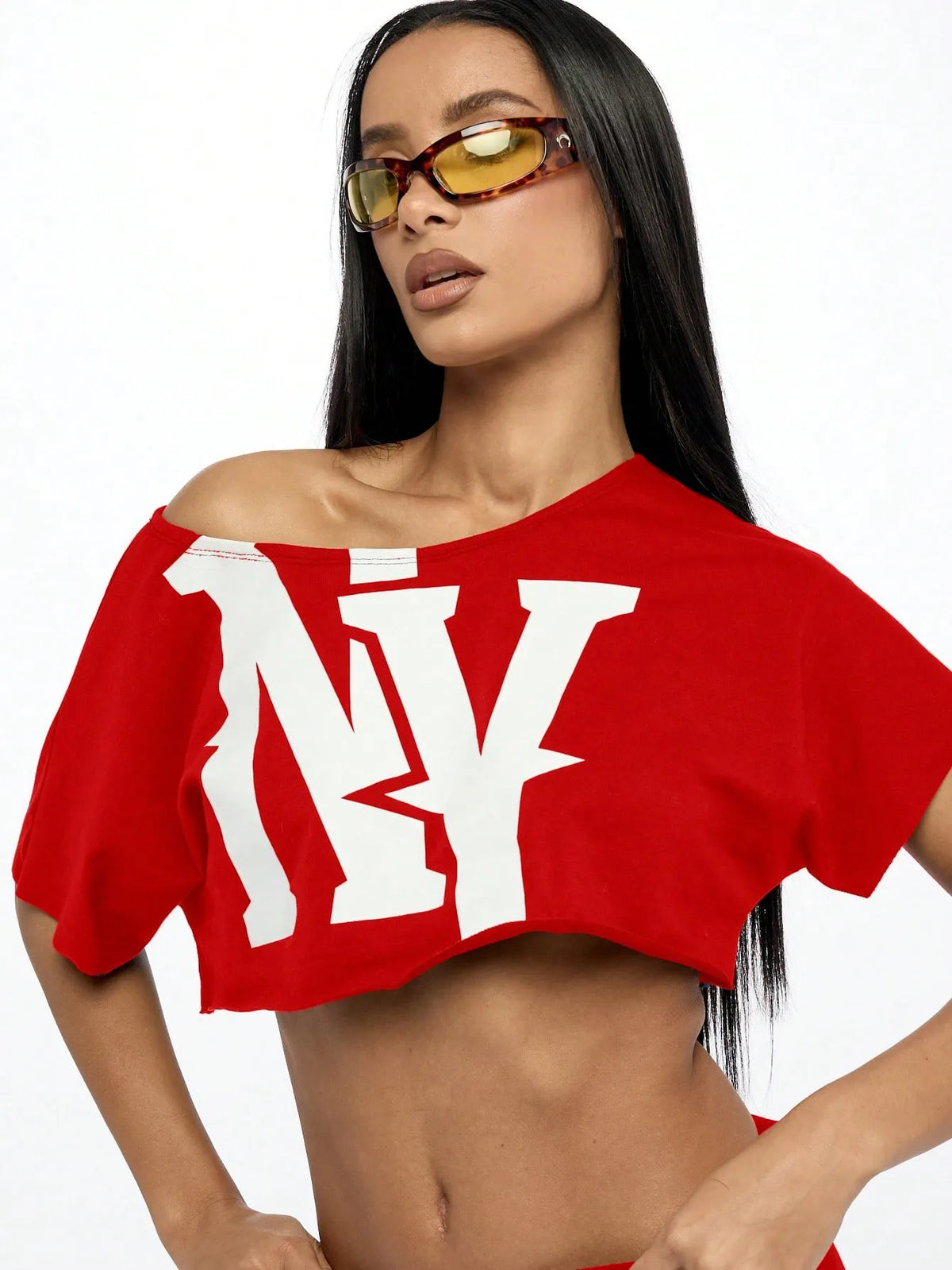 WOMEN Off Shoulder NY Logo Slouchy Crop Tee Athletic Varsity Sports Fan Streetwear Workout Fashion Athleisure Cropped T-Shirt Summer Urban Style