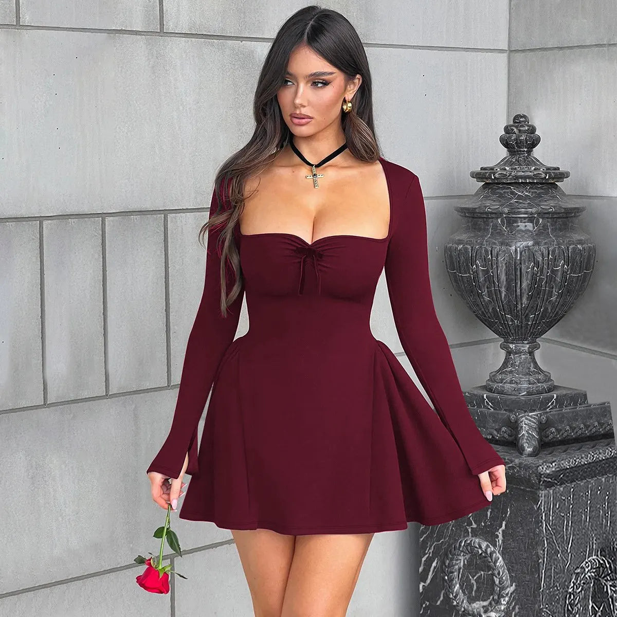 Bow High Rise A-line Long Sleeves Dress (Buy 2 Free Shipping)