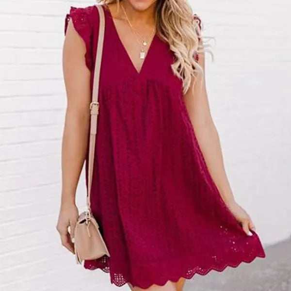 Women's Lace Jacquard Cutout Pocket Liner Shorts V Neck Plus Size Swing Dress