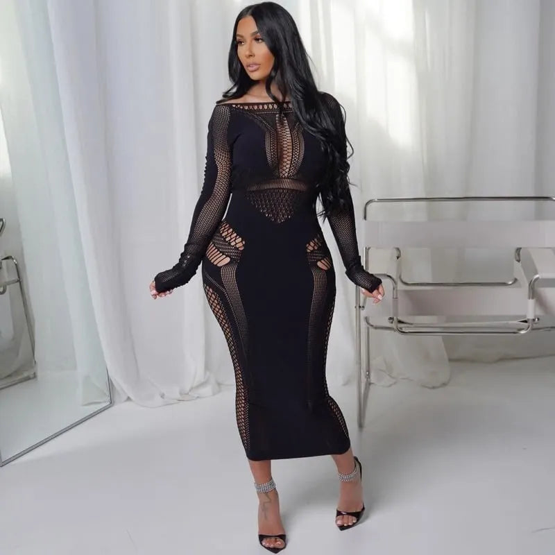 Hollow Knit Long Bodycon Dress for Women
