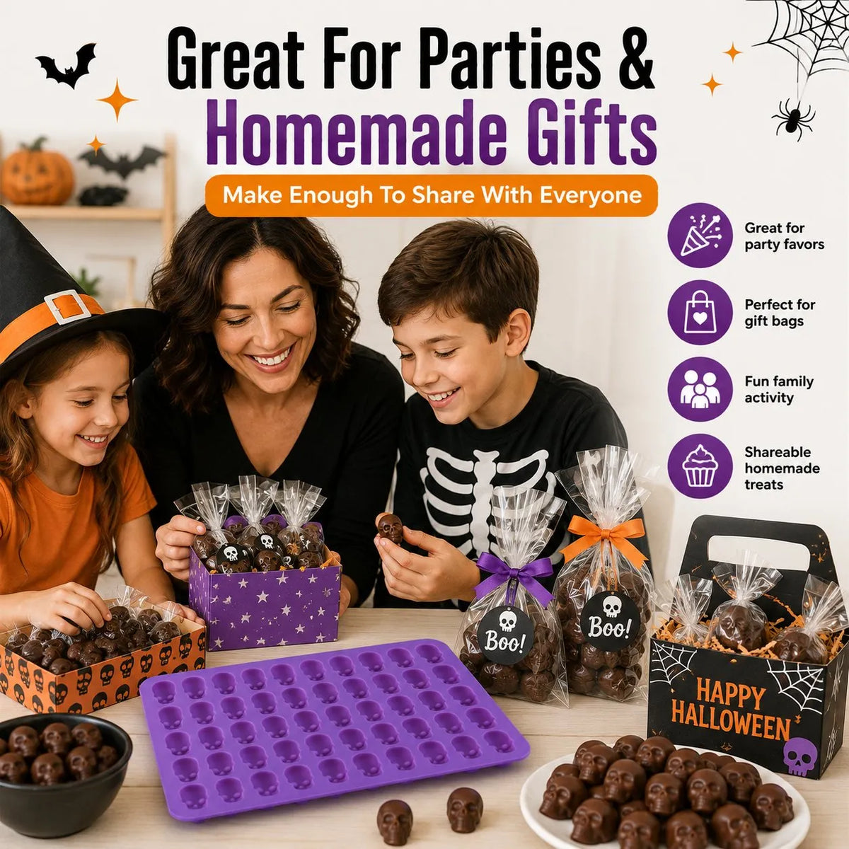 🎉49% OFF – 💀 Reusable 50-Cavity Mini Skull Silicone Candy Mold | Flexible Easy-Release Design for Chocolate, Candy Melts, Filled Treats & Halloween Desserts 🎃✨