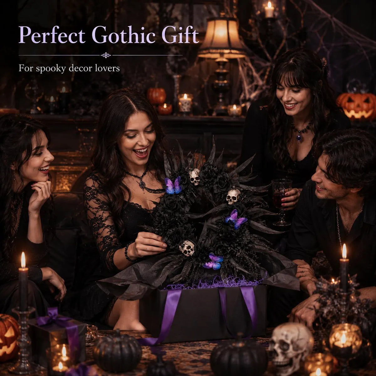 🎉Gothic Wreath with Black Roses & Butterflies, Elegant Decor for Halloween Entryway