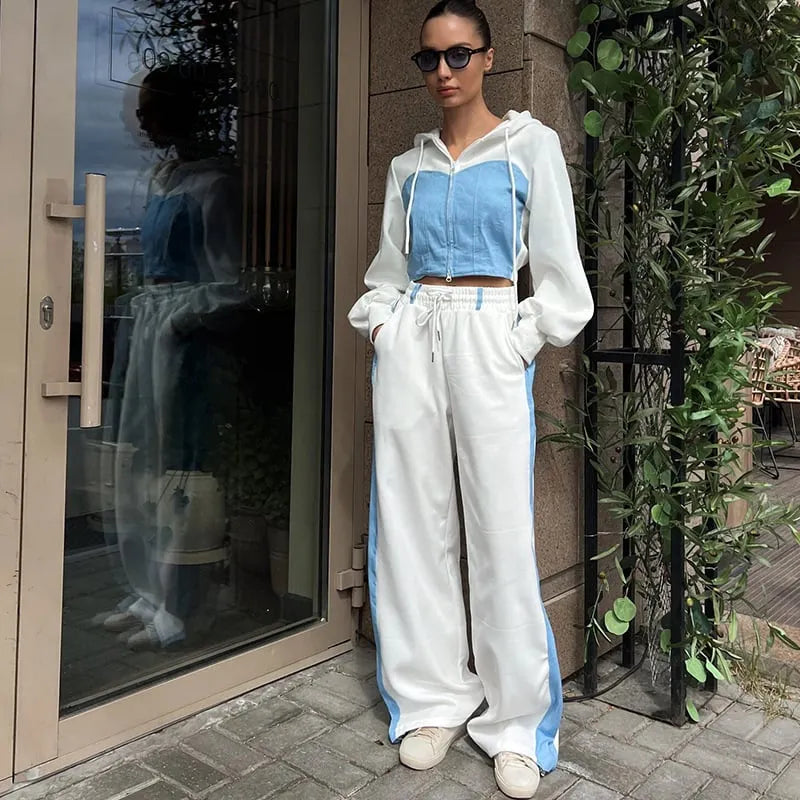 Women's Hooded Denim Patchwork Sweatshirt Two-piece Set
