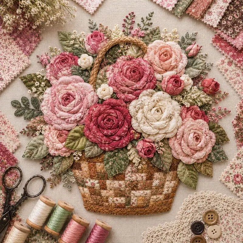🔥HOT SALE🔥🌸🧵 Premium Floral Basket Patchwork DIY Kit | High-Quality Layered Fabric Bouquet with Raised Petals & Woven Basket Details ✨