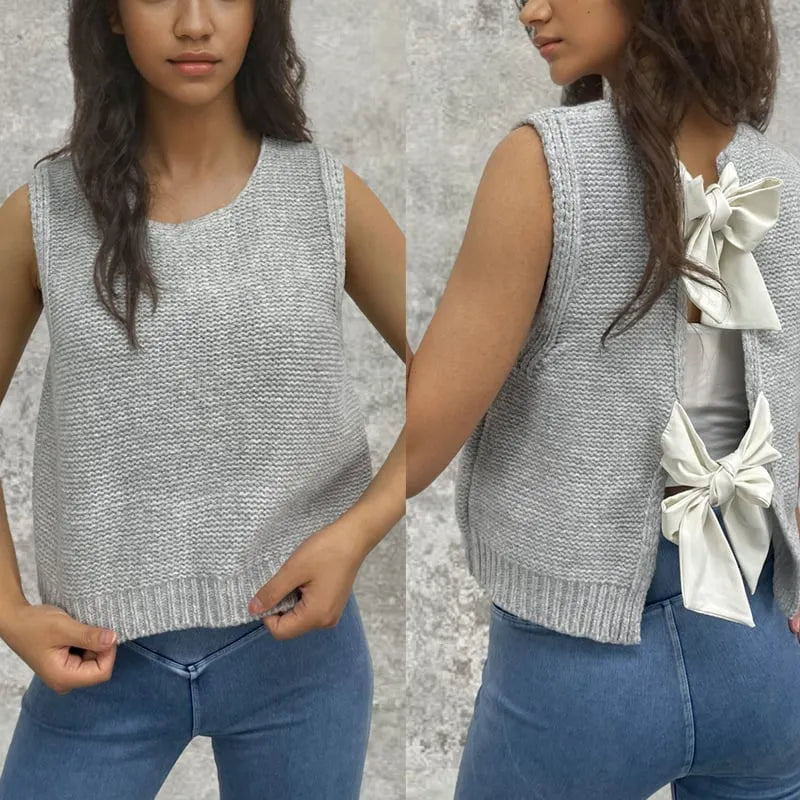 Satin Ribbon Bow Tied Back Lace Up Knit Vest