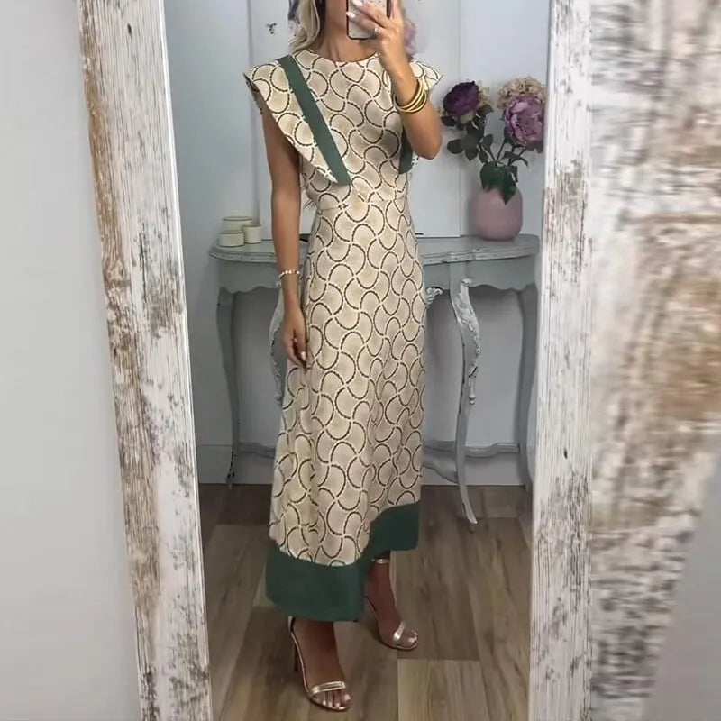 SPEAK EASY CHARM UNIQUE PRINT CREW NECK CAPE SLEEVE MAXI DRESS