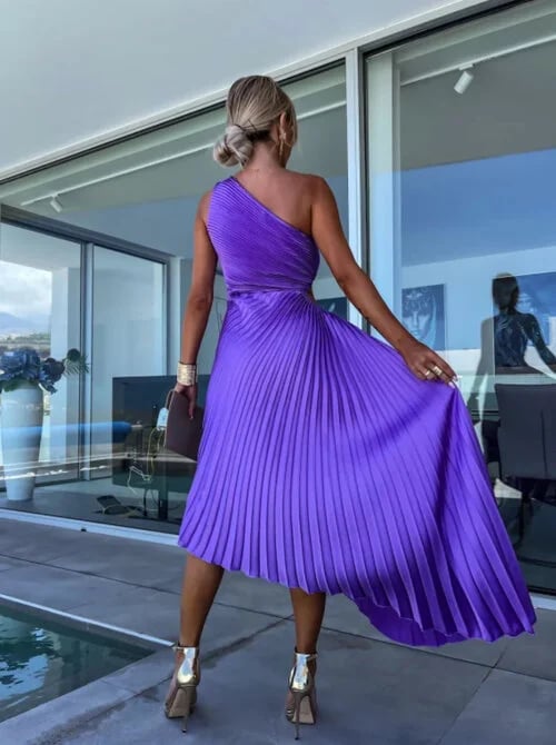 Stunning One - Shoulder Pleated Cut - Out Dress