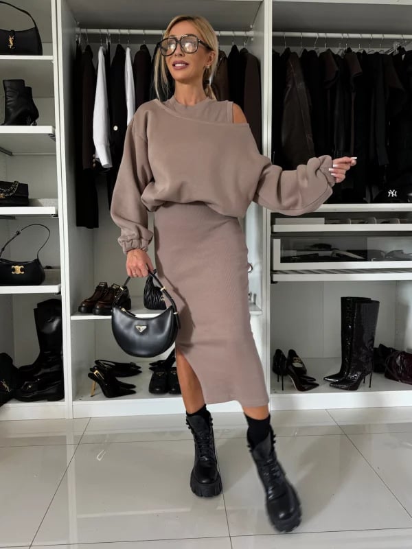 Long-sleeved Off-shoulder Sweatshirt and Vest Skirt Two-piece Set