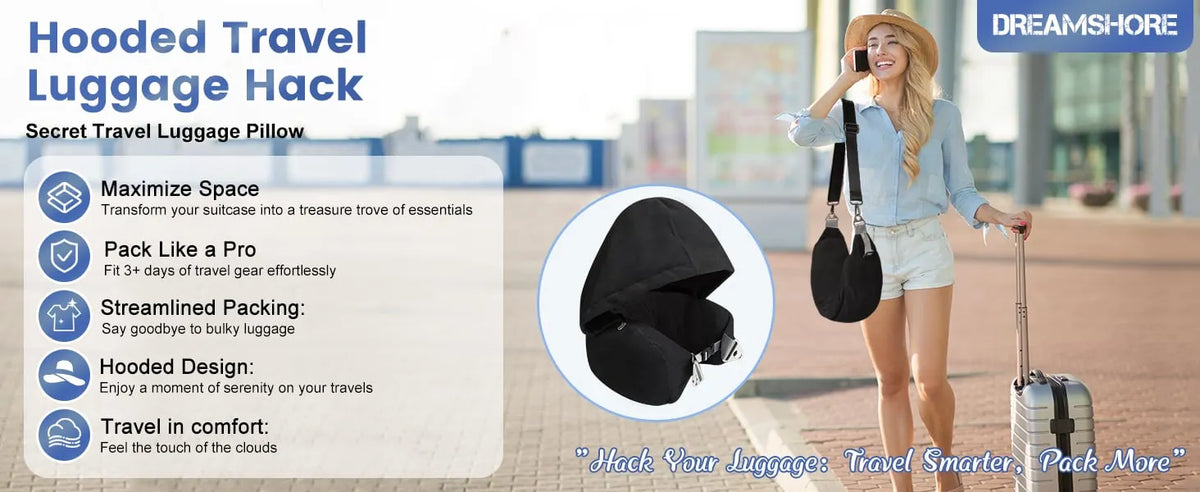 🛫 Hooded Stuffable Travel Pillow for Airplanes – Soft Velvet Neck Pillow with Travel Storage Compartment