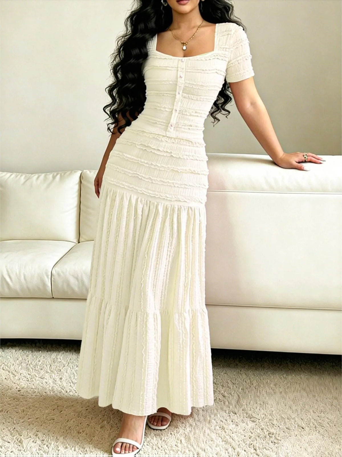 👗 LIMITED-TIME 49% OFF! ✨ Women's Square Neck Dress Set – Crinkled Fabric, Tiered Skirt, Elegant 🍷