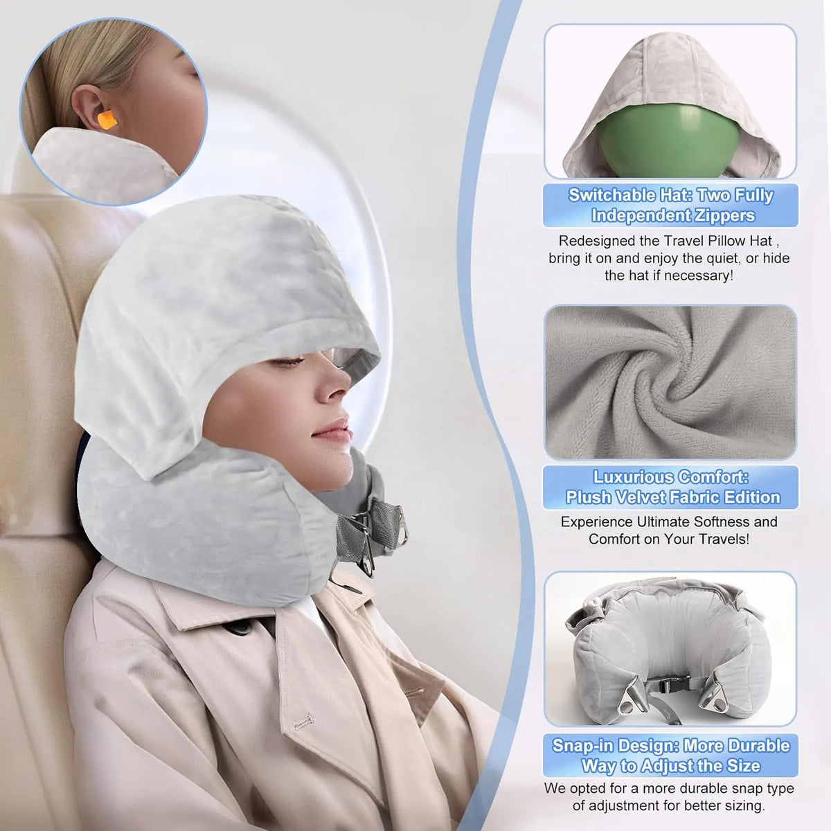 🛫 Hooded Stuffable Travel Pillow for Airplanes – Soft Velvet Neck Pillow with Travel Storage Compartment