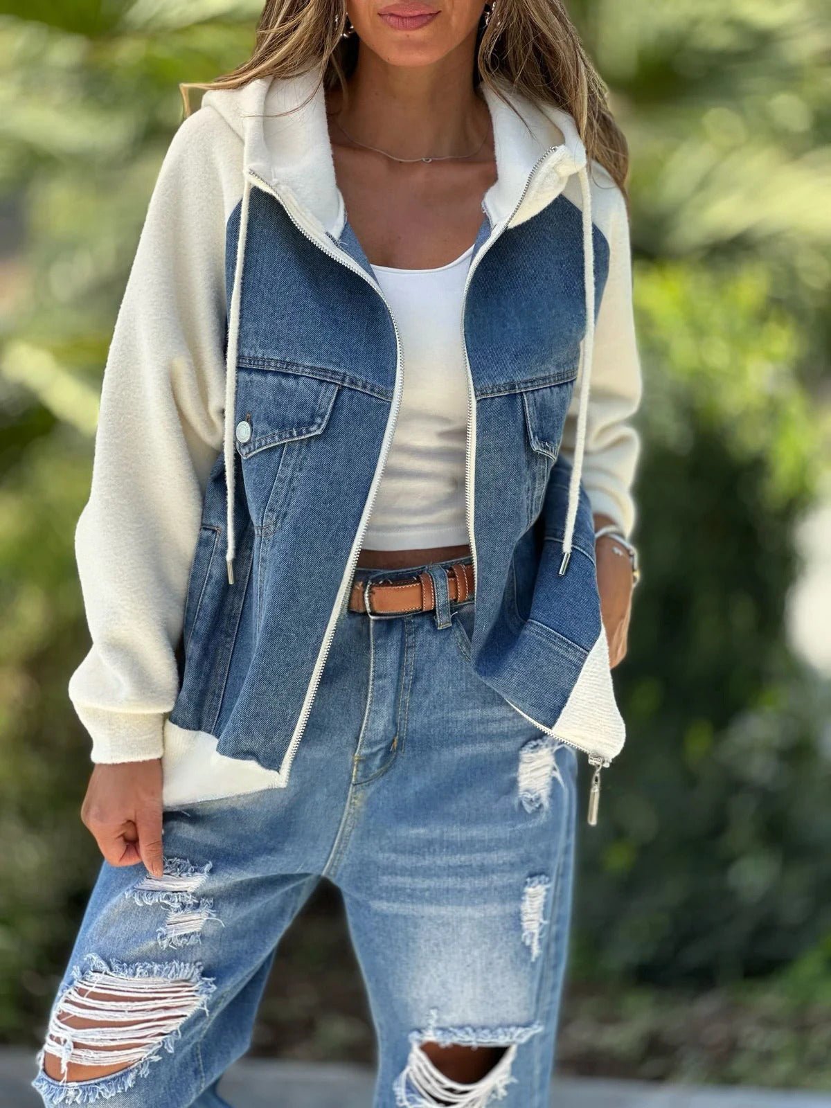 Women's Hooded Denim Patchwork Casual Top