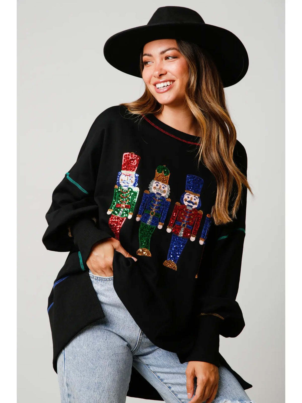 Christmas Sequin Print Crew Neck Long Sleeve Sweatshirt (Buy 2 Free Shipping)