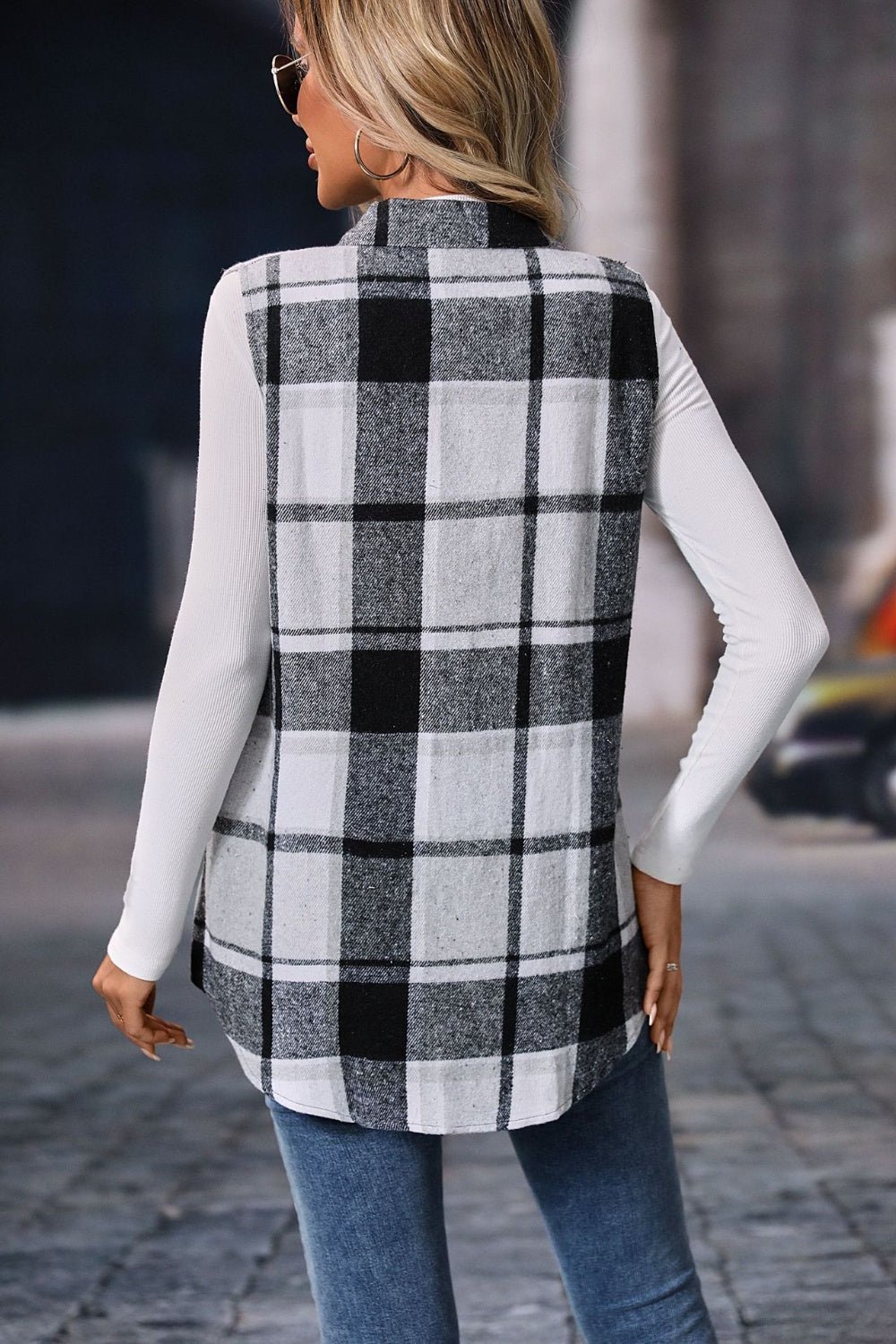 Women's Plaid Print Button Front Vest Coat