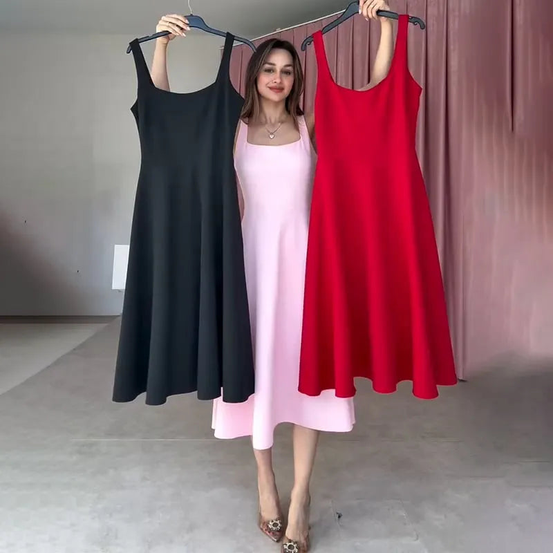 Solid color square neck sleeveless halter dress