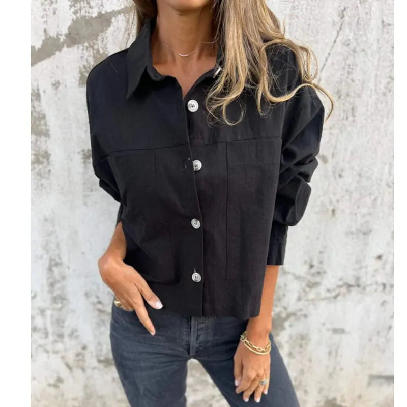 (BUY 2 FREE SHIPPING) Women's Cotton-Linen Double-Pocket Blazer-Style Lapel Shirt