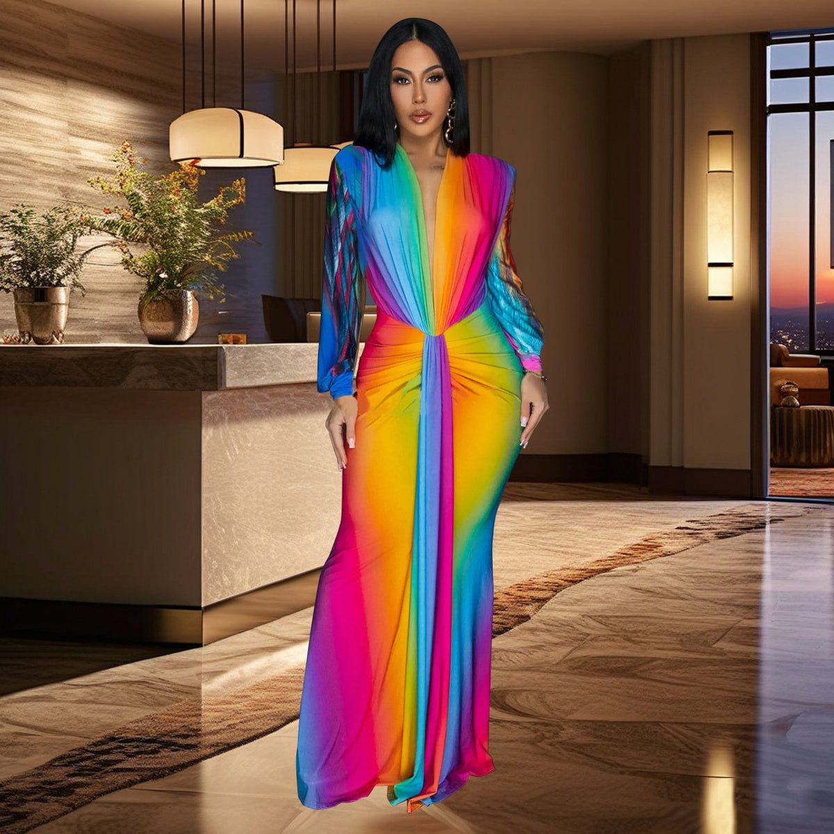 Ruched Deep V Neck Tummy Control Maxi Dress