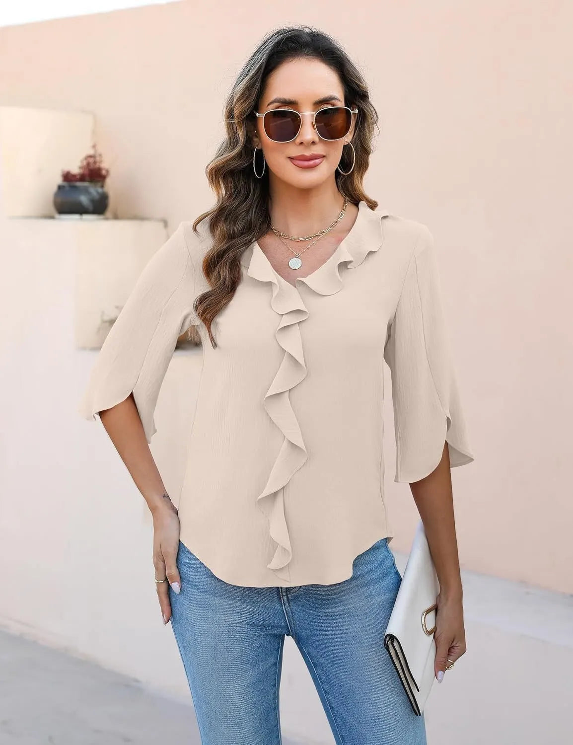 Women's V-Neck 3/4 Ruffle Sleeve Tops
