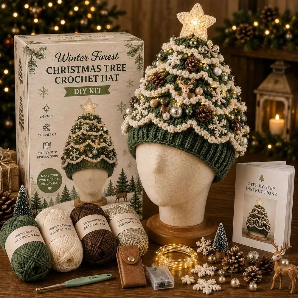 🎉🎄Beginner-Friendly Light-Up Christmas Tree Crochet Hat DIY Kit | Complete Kit with Coordinated Yarn, LED Lights & Step-by-Step Guide Included 💕