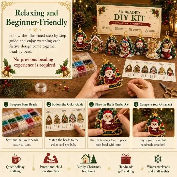 🎉🎄 Beginner-Friendly DIY 3D Christmas Beaded Ornament Kit | Complete 4-Piece Set with Glass Beads, All Tools & Step-by-Step Guide Included 💕