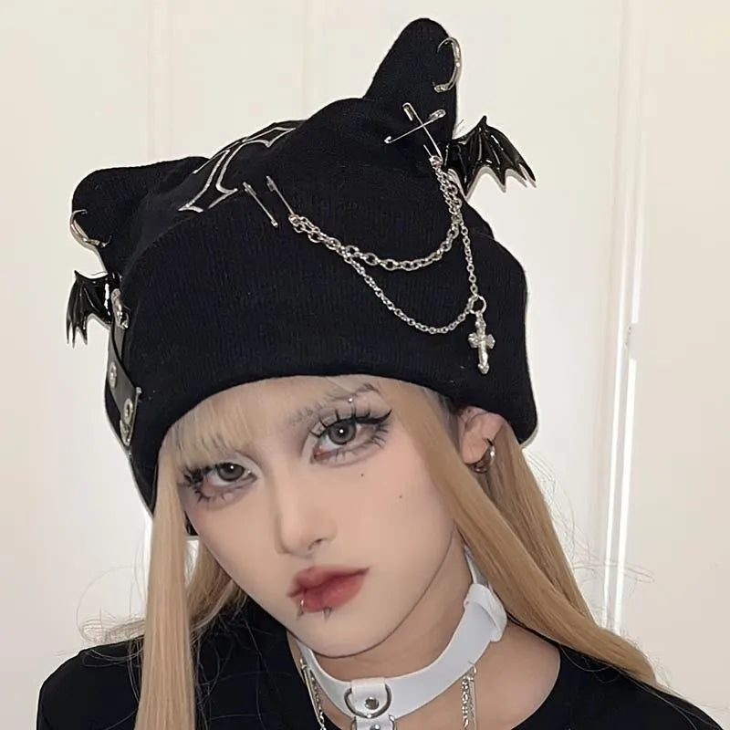🔥Last Day 49% OFF - 🖤🦇Gothic Cat Ear Beanie with Punk Chain & Bat Charm