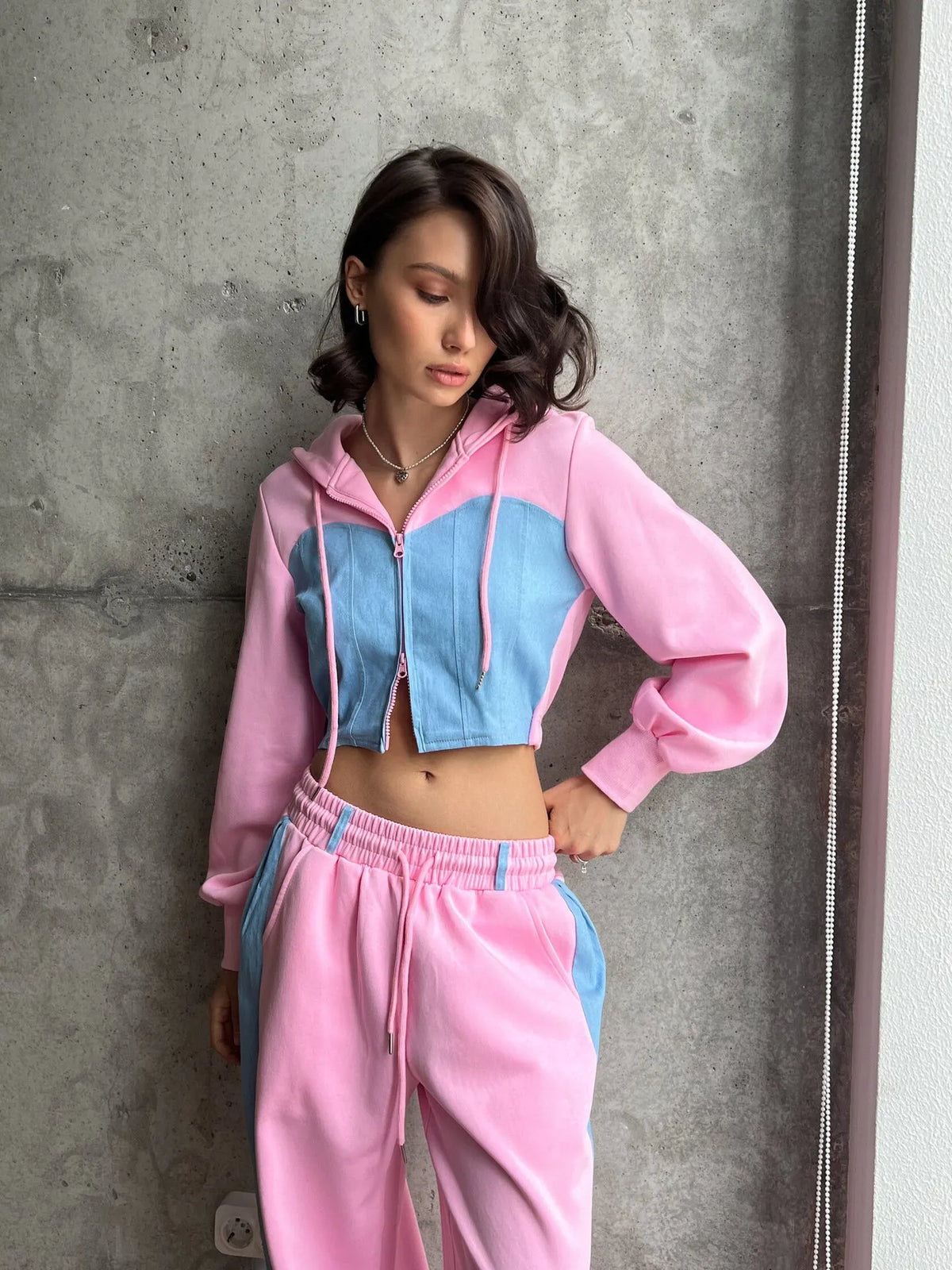 Women's Hooded Denim Patchwork Sweatshirt Two-piece Set