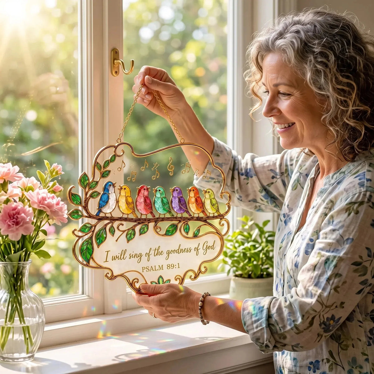 🔥HOT SALE🔥🎵 Psalm 89:1 Songbird Window Suncatcher | Faith Decor with Colorful Birds & Scripture 🕊️✨