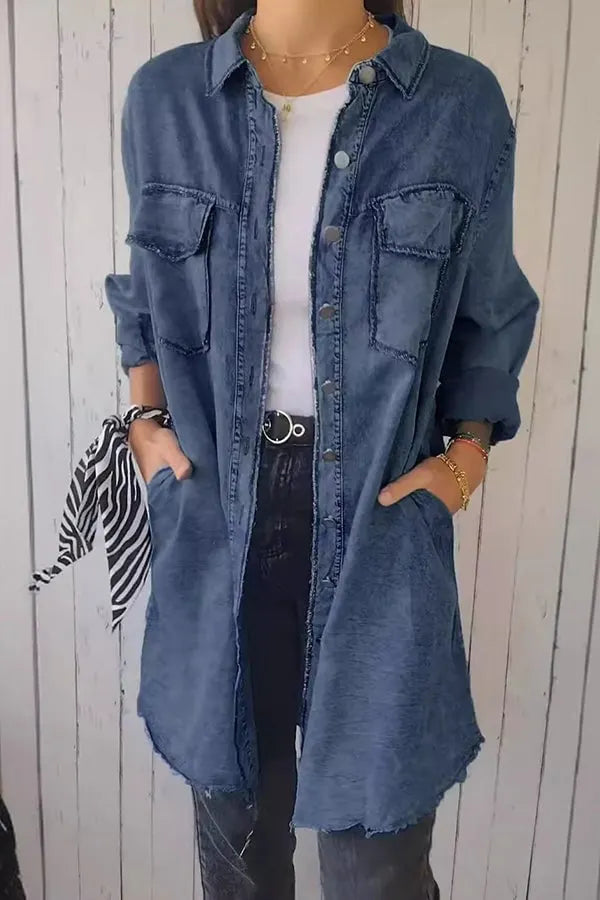 Fashionable and Versatile Long-sleeved Lapel Denim Jacket