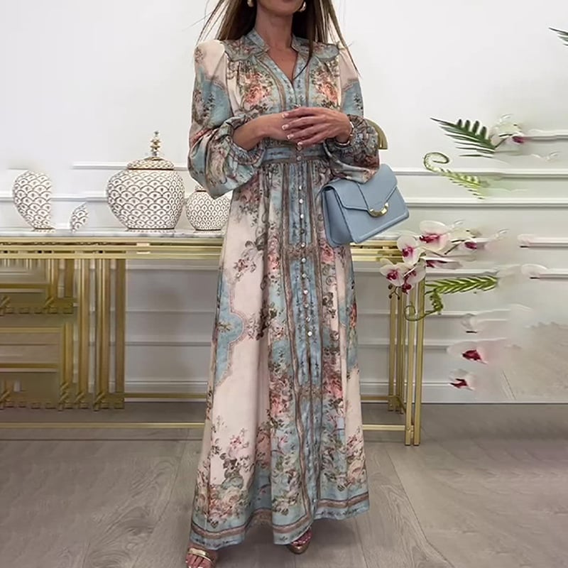 Elegant Floral Print Lantern Sleeve Buttoned A-Line Maxi Dress