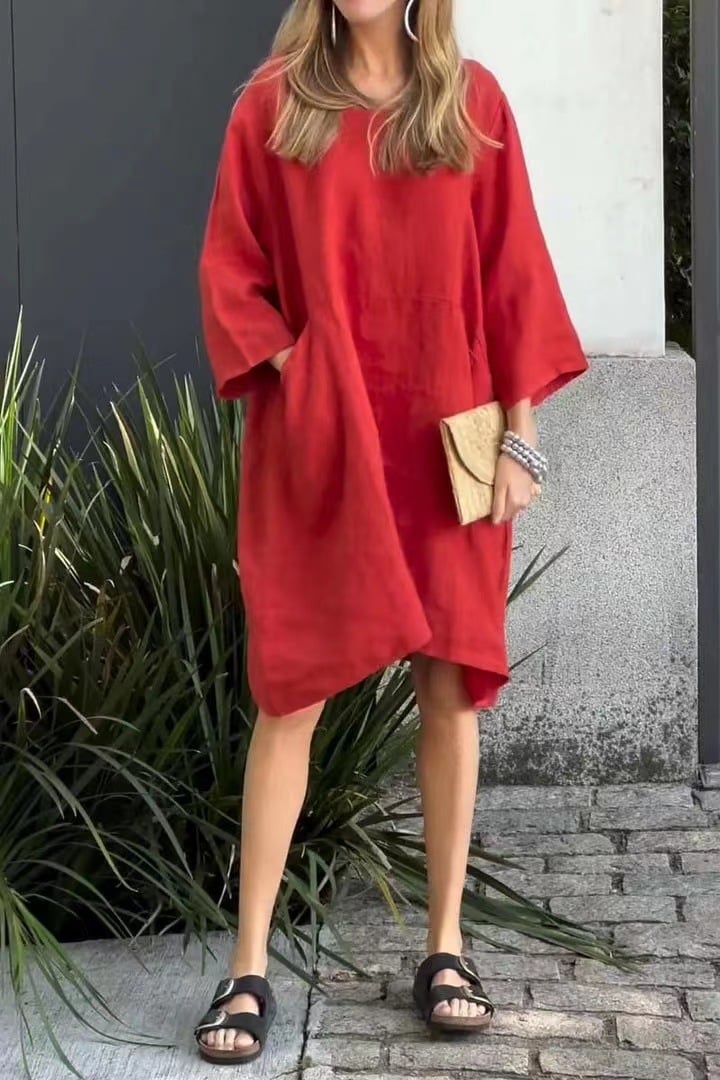 Solid Color Loose Casual Pocket Cotton-Linen Dress (Buy 2 Free Shipping)