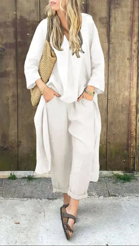 Solid High Low Hem Top & Pants Two-Piece Set