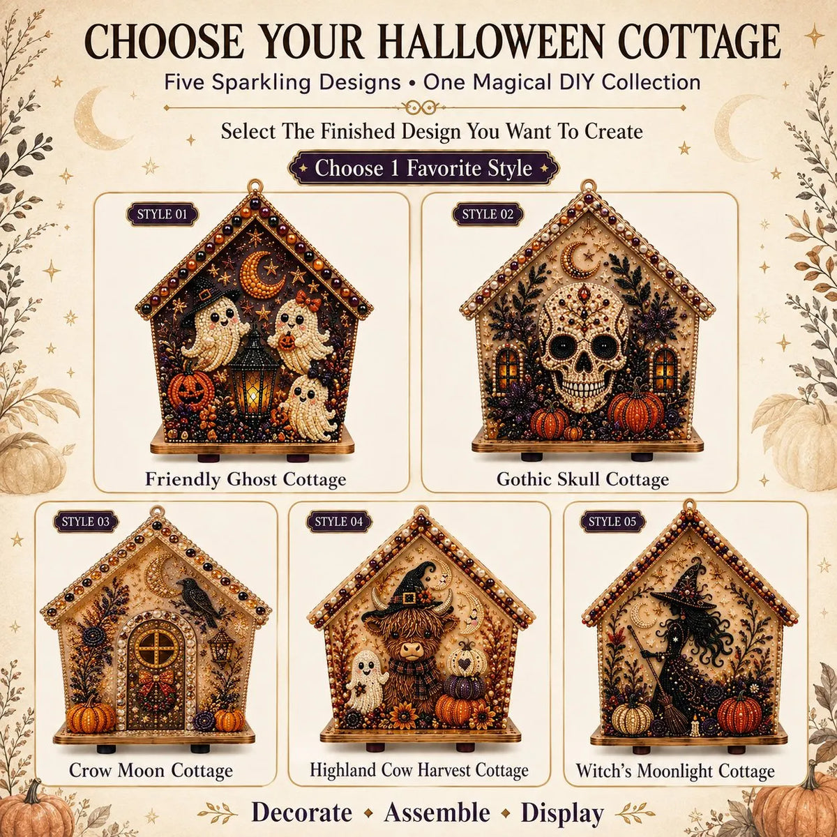 🎃 Beginner-Friendly Moonlit Wooden Cottage 3D Pearl Art Kit Collection | Complete Kit with All Tools & Step-by-Step Guide Included 💕