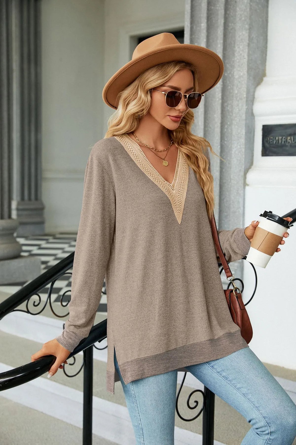 Womens Fall Fashion Long Sleeve Lace V Neck Loose Shirts