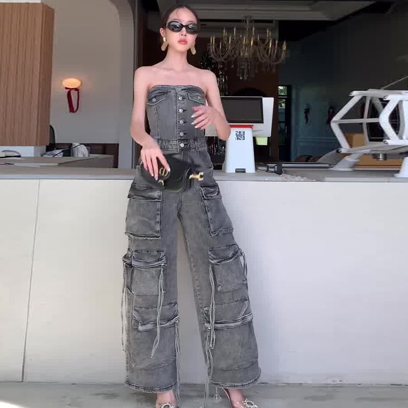 Women's Slightly Elastic Tube Top Multi-pocket Workwear Denim Jumpsuit