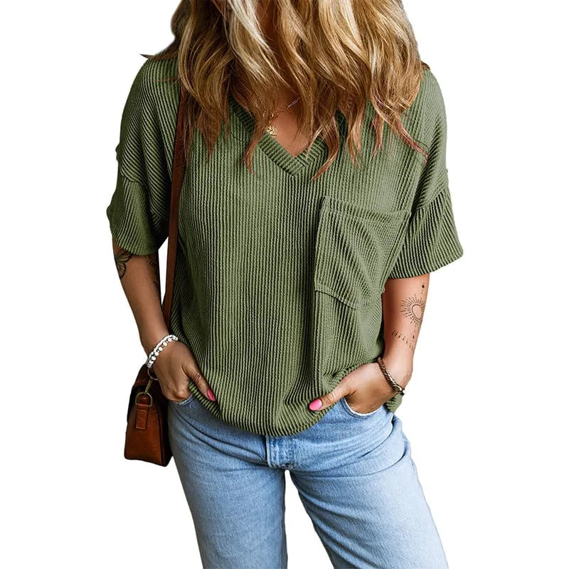 Womens Short Sleeve Ribbed Tops Causal V Neck Oversized T Shirts Summer Loose Fit Tee Tops