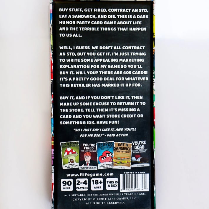 F-Life: A Game About Adulthood – Darkly Humorous Party Card Game for Adults, Life Simulation, Wealth Building, Retirement & Graveyard Revenge